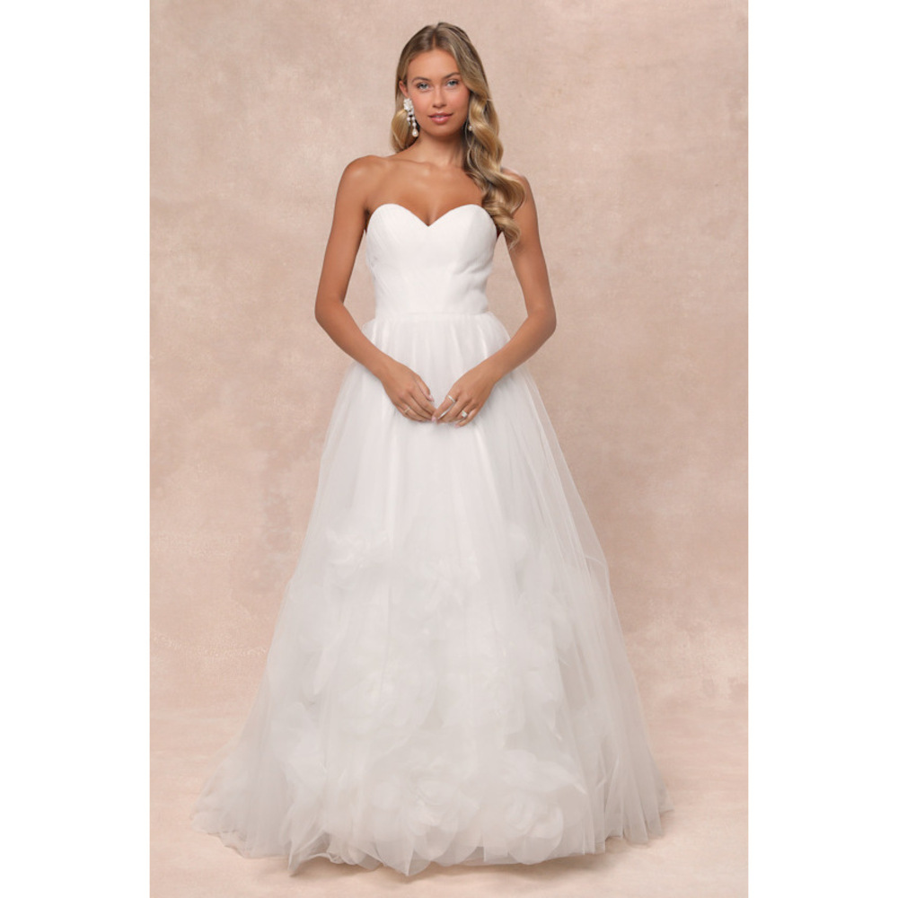 Lulus Beloved Vow White Tulle Pleated Strapless Flower Maxi Dress - Size XS